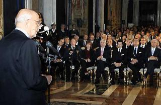 Il Presidente Giorgio Napolitano rivolge il suo indirizzo di saluto nel corso della cerimonia di consegna del &quot;Premio Leonardo&quot; e dei &quot;Premi Leonardo Qualità Italia