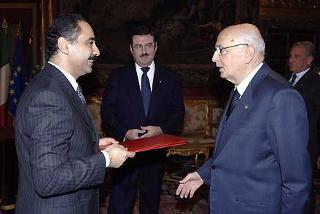 Il Presidente Giorgio Napolitano con l'Ambasciatore Montasser Ouaili, nuovo Ambasciatore della Repubblica di Tunisia, in occasione della presentazione delle Lettere Credenziali