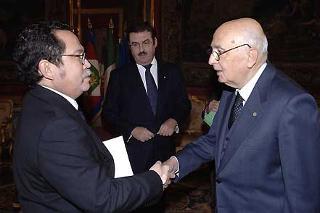Il Presidente Giorgio Napolitano accoglie l'Ambasciatore Marlon Domingo Narvaez Saravia, nuovo Ambasciatore della Repubblica di Nicaragua, in occasione della presentazione delle Lettere Credenziali