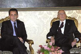 Il Presidente Giorgio Napolitano con il Presidente della Repubblica Francese Nicolas Sarkozy durante i colloqui al Quirinale