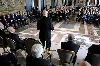 Il Presidente Giorgio Napolitano durante il suo intervento, in occasione della cerimonia per lo scambio degli auguri di Natale e Capodanno alle Alte Cariche dello Stato