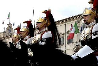 Un momento della cerimonia solenne del Cambio della Guardia del Reggimento Corazzieri in occasione della Festa del Tricolore