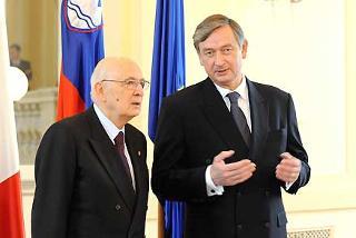 Il Presidente Giorgio Napolitano con il Presidente della Repubblica di Slovenia, Danilo Turk, poco prima dei colloqui