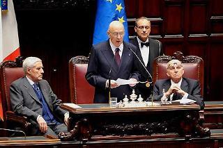 Il Presidente Giorgio Napolitano durante il suo intervento alla Camera, in Seduta comune del Parlamento, per la celebrazione del 60° anniversario della Costituzione