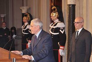 Il Presidente del Senato Franco Marini al termine dei colloqui con il Presidente Giorgio Napolitano in occasione delle consultazioni