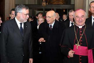 Il Presidente Giorgio Napolitano con il Fondatore della Comunità di Sant'Egidio Andrea Riccardi e Don Vincenzo Paglia in occasione della cerimonia per il 40° anniversario di Sant'Egidio