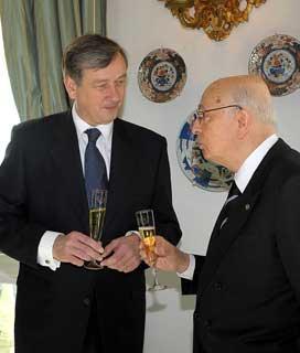 Il Presidente Giorgio Napolitano con il Presidente della Repubblica di Slovenia Danilo Turk durante la colazione di lavoro al Quirnale