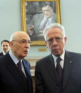Il Presidente Giorgio Napolitano con il Ministro dell'Economia e delle Finanze, Tommaso Padoa Schioppa in occasione della Giornata di Studio in memoria di Beniamino Andreatta