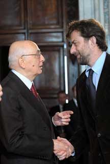 Il Presidente Giorgio Napolitano con Nanni Moretti, in occasione dell'incontro con i candidati ai Premi David di Donatello 2008