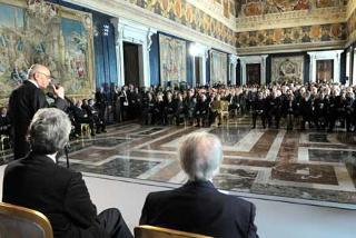 Il Presidente della Repubblica Giorgio Napolitano rivolge il suo indirizzo di saluto, in occasione dell'incontro con i candidati al Premio David di Donatello 2008