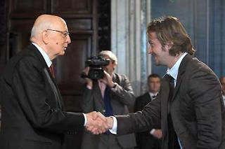 Il Presidente Giorgio Napolitano con Silvio Muccino, in occasione dell'incontro con i candidati ai Premi David di Donatello 2008