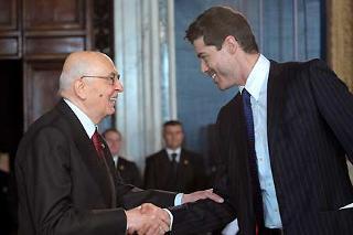 Il Presidente Giorgio Napolitano con Alessandro Gassman, in occasione dell'incontro con i candidati ai Premi David di Donatello 2008