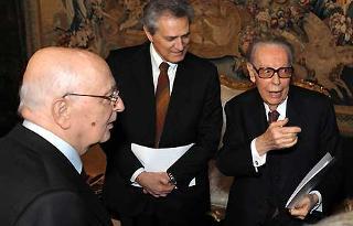 Il Presidente Giorgio Napolitano con il Ministro Francesco Rutelli, ed il Presidente dell'Ente David di Donatello Gian Luigi Rondi, in occasione della cerimonia di presentazione dei candidati ai Premi &quot;David di Donatello&quot; per l'anno 2008.