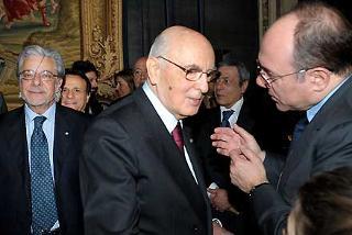 Il Presidente Giorgio Napolitano con Carlo Verdone e Giancarlo Giannini in occasione della cerimonia di presentazione dei candidati al Premio David di Donatello