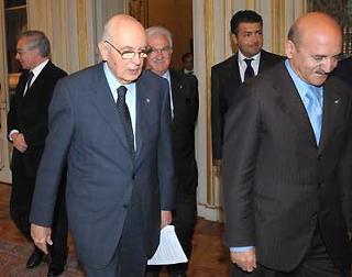 Il Presidente Giorgio Napolitano con Luigi Angeletti, Raffaele Bonanni e Guglielmo Epifani, rispettivamente Segretari Generali della UIL,Cisl e CGIL.