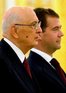 Il Presidente Giorgio Napolitano ed il Presidente della Federazione Russa Medvedev in occasione del Pranzo di Stato