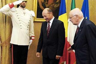 Il Presidente Giorgio Napolitano con il Presidente della Romania, Traian Basescu in occasione dell'incontro al Quirinale