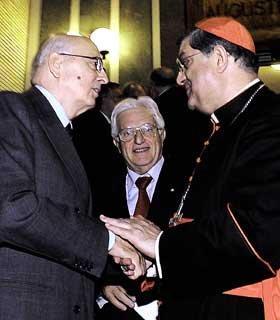 Il Presidente Giorgio Napolitano salutato da S.Em. il Cardinale Crescenzio Sepe, autore del libro &quot;Non rubate la speranza&quot; presentato all'Auditorium Augustinianum