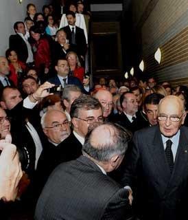 Il Presidente Giorgio Napolitano all'Auditorium Augustinianum in occasione della presentazione del libro &quot;Non rubate la speranza&quot; presente l'autore S.Em. il Cardinale Crescenzio Sepe