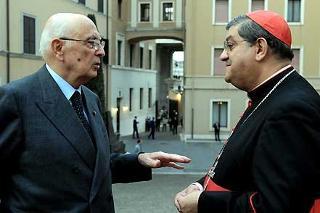 Il Presidente Giorgio Napolitano con S.Em. Rev.ma il Cardinale Crescenzio Sepe autore del libro &quot;Non rubate la speranza&quot; all'Auditorium Augustinianum