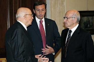 Il Presidente Giorgio Napolitano con Gianfranco Fini e Fausto Bertinotti in occasione del Convegno su &quot;Eredità e attualità della Primavera cecoslovacca&quot;