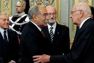 Il Presidente Giorgio Napolitano con Giuseppe Frigo, nuovo Giudice Costituzionale, Franco Bile e Gianni Letta in occasione della cerimonia di giuramento