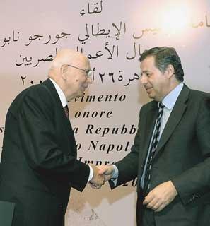 Il Presidente Giorgio Napolitano con il Ministro del Commercio e dell'Industria della Repubblica Araba d'Egitto Muhammad Rashid in occasione del ricevimento del Presidente della Repubblica Italiana