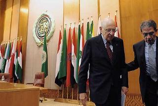 Il Presidente Giorgio Napolitano con Amre Moussa, Segretario generale della Lega degli Stati Arabi, al termine della sua allocuzione
