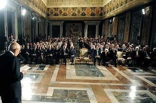 Il Presidente Giorgio Napolitano durante il suo indirizzo di saluto ai presenti in occasione della celebrazione della Giornata Nazionale per la Ricerca sul Cancro