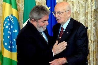 Il Presidente Giorgio Napolitano con il Presidente della Repubblica Federativa del Brasile, Luiz Inacio Lula Da Silva al termine delle comunicazioni alla stampa