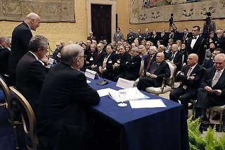 Il Presidente Giorgio Napolitano durante il Convegno su &quot;Luigi Einaudi&quot; introdotto dal Presidente della Treves Editore, Nicolò Sella di Monteluce a Montecitorio