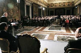 Il Presidente Giorgio Napolitano durante il suo intervento al Quirinale, in occasione del tradizionale scambio di auguri con le Alte Cariche dello Stato