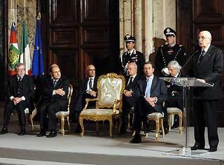 Il Presidente Giorgio Napolitano durante il suo intervento, in occasione del tradizionale scambio di auguri di Natale e Capodanno con le Alte Cariche dello Stato
