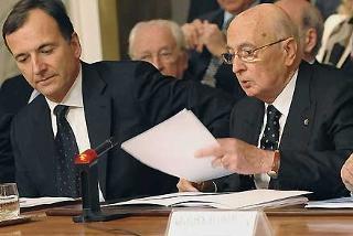 Il Presidente Giorgio Napolitano, a fianco il Ministro degli Affari Esteri, Franco Frattini durante il suo intervento in occasione della VI Conferenza degli Ambasciatori italiani nel mondo
