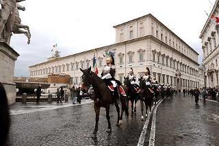 Cambio della Guardia d'Onore, solenne, al Palazzo del Quirinale da parte del Reggimento Corazzieri, in occasione della Giornata nazionale della Bandiera