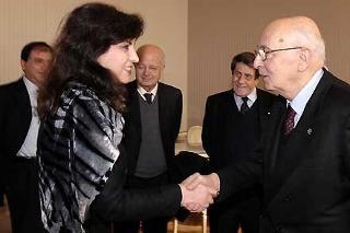 Il Presidente Giorgio Napolitano saluta Jozefina Topalli, Speaker del Parlamento albanese, al termine dell'inaugurazione dell'Anno di Corso 2008-2009 del Diploma Avanzato del Collegio Europeo