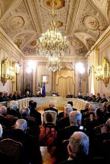 Un momento della seduta straordinaria della Corte costituzionale per la presentazione della Relazione sulla Giurisprudenza della Corte nel 2008 alla presenza del Presidente della Repubblica Napolitano