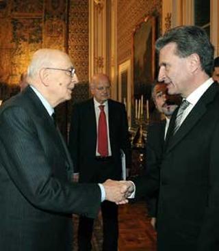 Il Presidente Giorgio Napolitano accoglie Gunther H. Oettinger, Ministro Presidente del Land Baden-Wurttemberg