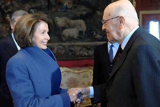 Il Presidente Giorgio Napolitano accoglie Nancy Pelosi, Presidente della Camera dei Rappresentanti degli Stati Uniti d'America