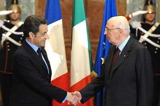 Il Presidente Giorgio Napolitano con Nicolas Sarkozy, Presidente della Repubblica Francese in occasione dell'incontro al Quirinale