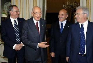 Il Presidente Giorgio Napolitano con Guglielmo Epifani, Luigi Angeletti e Raffaele Bonanni, rispettivamente Segretari Generali di CGIL, UIL e CISL.