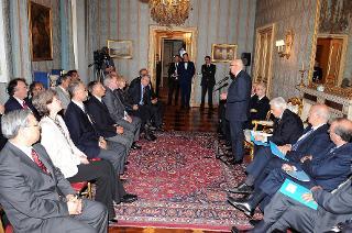Il Presidente Giorgio Napolitano durante il suo intervento in occasione dell'incontro con gli esponenti delle Accademie Nazionali delle Scienze dei Paesi aderenti al G8
