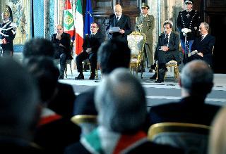 Il Presidente Giorgio Napolitano durante il suo intervento in occasione della consegna delle Medaglie d'Oro al Merito Civile ai Gonfaloni delle Province di Genova e Forli-Cesena