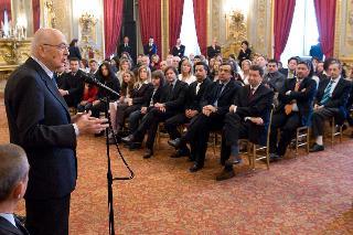 Il Presidente Giorgio Napolitano nel corso dell'incontro con una delegazione di pazienti trapiantati, in occasione delle Giornate nazionali per la Donazione ed il Trapianto di organi