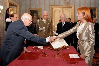 Il Presidente Giorgio Napolitano si congratula con Michela Vittoria Brambilla, subito dopo aver pronunciato la formula di Giuramento presente il Presidente del Consiiglio Silvio Berlusconi