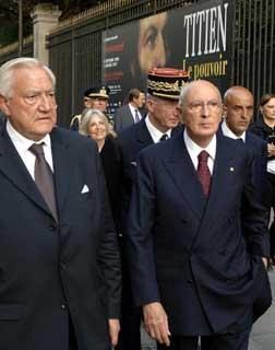 Il Presidente Giorgio Napolitano, accompagnato da Presidente del Senato Christian Poncelet, all'arrivo al Museo per l'inaugurazione della Mostra su &quot;Tiziano&quot;