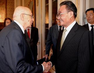 Il Presidente Giorgio Napolitano accoglie il Presidente dell'Assemblea nazionale del Popolo cinese, Wu Bangguo