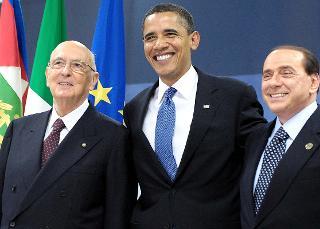 Il Presidente Giorgio Napolitano con il Presidente degl Stati Uniti d'America Barack H.Obama e Silvio Berlusconi, Presidente del Consiglio dei ministri
