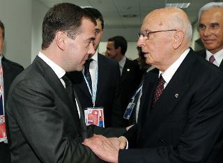 Il Presidente Giorgio Napolitano con il Presidente Russo Medvedev, al termine del pranzo ufficiale