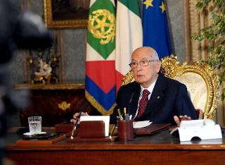 Il Presidente della Repubblica Giorgio Napolitano durante il collegamento in videoconferenza con il Workshop Ambrosetti a Cernobbio